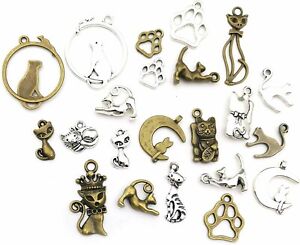 10 Cat Pendants Assorted Charms Lot Paw Print Antiqued Silver Bronze Mix Animal