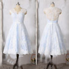 Blue Short Wedding Dresses Cap Sleeves Lace Appliques Tea Length Bridal Gowns