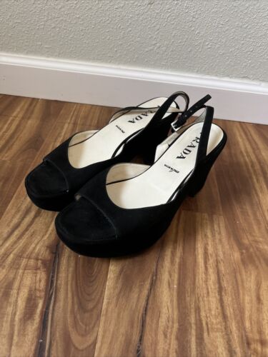 Vintage Prada Black Open Toe Heel Ankle Strap shoes Sz 39 1/2 (8 1/2)