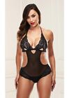 New Womens Black Crotchless open Bottom Lace Halter Top Bodysuit Teddy M/L
