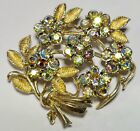 Vintage Coro AB Rhinestone  Brooch Pin Floral Textured Leaves Gold Tone Signed