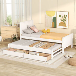 Twin Size Daybed with Trundle & 2 Storage Drawers w/ Wooden Slat Support White