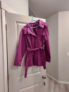 LONDON FOG Womens Purple Trench Button Thigh High Double Lapel Raincoat Size: L