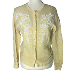 Vintage 50s Cashmere Cardigan Sweater S Yellow Knit Floral Beaded For Repair