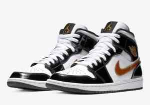Nike Air Jordan 1 Mid SE Shoes Patent Leather Black Gold 852542-007 Men's NEW