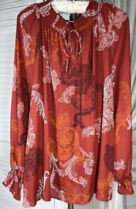 NEW Plus Size 4X Rust Blouse Peasant Tie Smocked Top Paisley Shirt