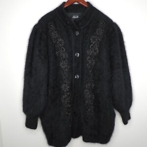 Lee Sands Womens Black Cardigan Coat Sweater Angora Rabbit Vintage Beaded OS