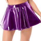 Womens Shiny Patent Leather Mini Skirts Sleeveless Crop top Flared Pleated Skirt