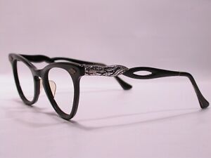 Vintage 1950's Victory Black Aluminium Cat Eye Floral Frames Eyeglasses