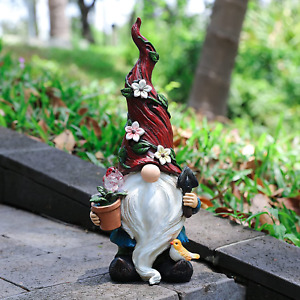 Outdoor Garden Gnome Statue,Resin Gnome Figurine with Solar Led Lights, outside