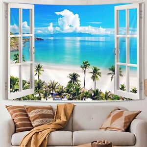 Ocean Beach Window Sky Cloud Extra Large Tapestry Wall Hanging Fabric Room Decor