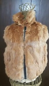 Rabbit Fur Vest Size X Small Reversible Red Brown Quilted Cotton  Pockets VGC!