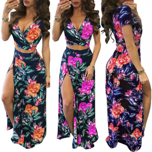 Women Floral Print Summer Beach Party Dress Crop Tops Long Skirt 2-Piece Dresses