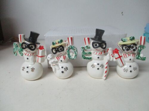 New ListingVintage Japan Ceramic Christmas Snowmen w Ski Goggles  NOEL Letter Candleholders