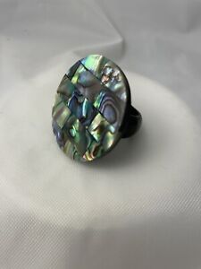 Large Abalone Statement Ring Iridescent Shell Round Disc Acrylic Band Blue Green