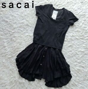 Sacai Docking One-piece Dress Size 2 Black Flare Skirt Short Sleeves Japan