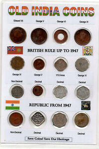 1901-70 British India 16 Pcs All Different Old Antique Coins KG V V1 Gandhi set