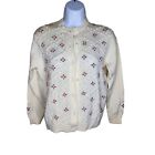 Vintage 50s Wool Sweater Rosette Flowers Cardigan Womens Size M White Pink Pinup