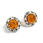 925 Solid Sterling Silver Honey Baltic Amber Classic Round Stud Pretty Earrings