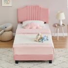 Twin Size Bed Frame with Upholstered Headboard Wooden Platform for Girls - Pink