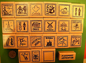Country and Continent Passport Stamp Frame Rubber Stamps, wood mtd., your choice