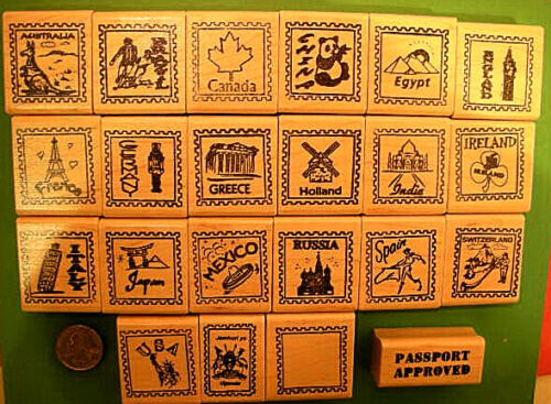 Country and Continent Passport Stamp Frame Rubber Stamps, wood mtd., your choice