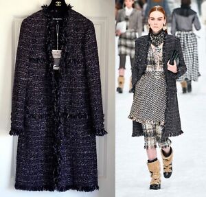 NEW CHANEL  19A BLACK BLUE BROWN WOOL TWEED CC BUTTONS RUNWAY COAT 34