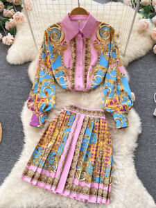 Conjunto Verano Mujer Elegante Blusa Manga Abullonada y Falda Estampada Floral