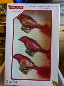 Vintage  Red Bird Blown Glass Christmas Tree Clip-on Ornaments set of 3 Glitter