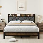 Full Queen Size Bed Frame with Upholstered Storage Headboard Heavy Duty Platform