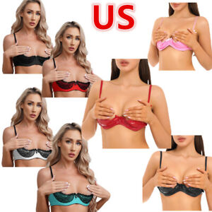 US Woman's Lace 1/4 Demi Cup Push Up Shelf Bra Underwire Hollow Out Bra Crop Top