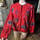 Vintage Gladys Bagley Ugly Christmas Red Cardigan Sweater Beaded Sequins PL