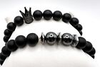 Black Onyx Stone Bead Bracelets Crown King Charm Lot Of 2 Bracelets