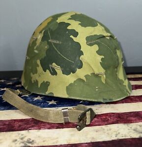 Vietnam War Era Steel Helmet M1 With Mitchell Camo Cover & Liner  Very Nice