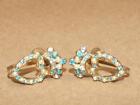 VTG Goldtone Heart & Crown Blue Clear Rhinestone Faux Seed Pearl Screw Earrings