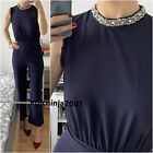 ZARA ELEGANT NAVY LONG JUMPSUIT WITH PEARLY NECKLINE SIZE L