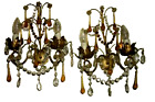 ANTIQUE FRENCH CRYSTAL SCONCES WALL LAMPS AMBER PRISMS CLEAR MACARONI BEADS 1920