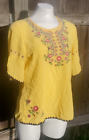 Ashir Aley Vintage Yellow Boho Floral Embroidered Peasant Top Size L 100% Cotton