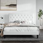 Full Size Faux Leather Platform Bed Frame with Button Tufted Headboard, White