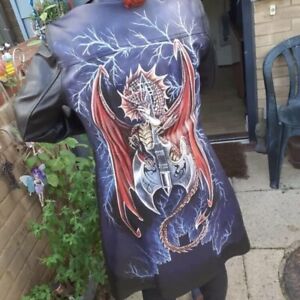 Hand painted dragon and guitar women’s leather trench coat size 10