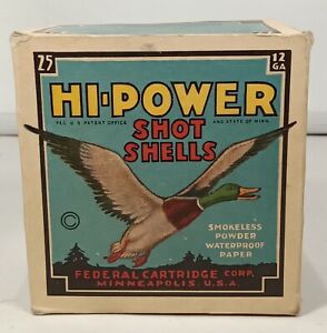 Vintage Federal Hi-Power 12 Gauge Empty Paper Shot Shell Box Duck
