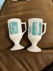 Set of 2 Vintage Federal Milk Glass Pedestal Cups Mugs Turquoise Danish Rooster