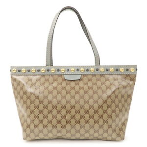 Auth GUCCI Leather Studs Tote Bag Beige Gray GG Crystal PVC 207291 Used