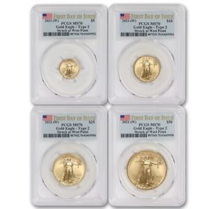 Set of 4 2021-(W) Gold Eagles Type 2 PCGS MS70 First Day Of Issue Flag FS Eagle