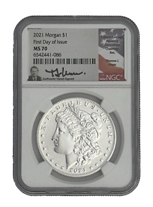 2021 P Morgan Silver Dollar NGC MS70  FDOI FIRST DAY ISSUE SIGNED BY THOMAS URAM