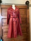 Vintage 70s Red Leather Long Trench Coat Jacket Belt Button Women 13 14