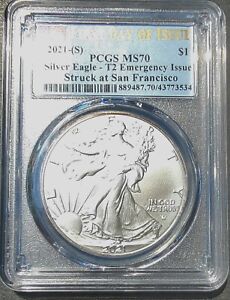 New Listing2021 (S) American Silver Eagle PCGS MS70 FDOI  (TYPE 2)   EMERGENCY ISSUE