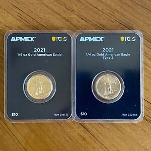 Lot 2 - 2021 American Gold Eagle 1/4oz Coin T1 T2 Type 1 Type 2 APMEX MintDirect