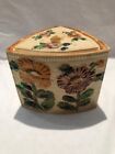 Vintage Japan Floral Biscuit Cookie Jar Basket Weave Ceramic Lidded Triangle