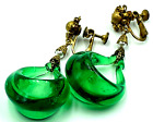 HASKELL Green Dangling Hoop Earrings*Green Glass*Goldtone Filigree*Signed*c1950